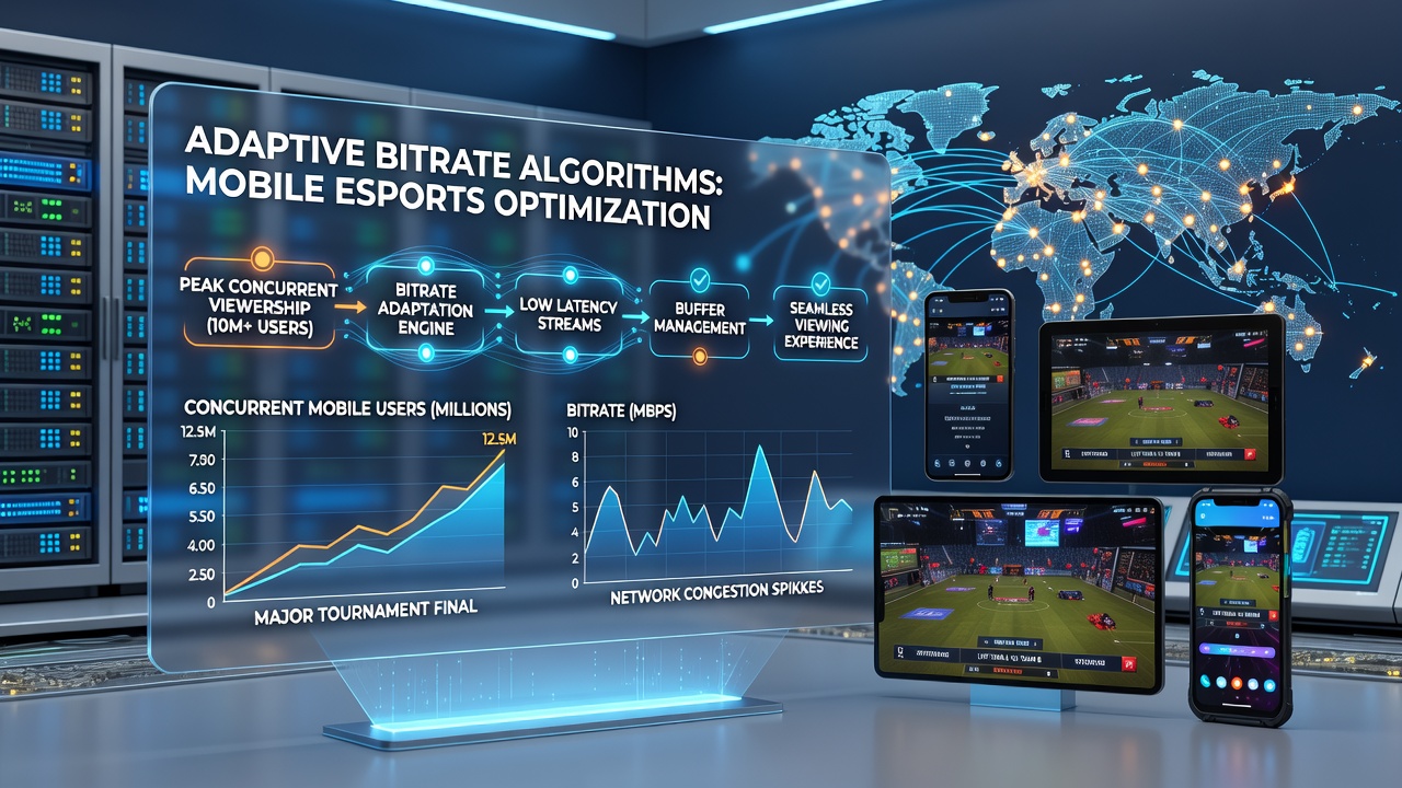 Close-up of a mobile device displaying an esports stream with overlaid network quality indicators during peak viewing hours