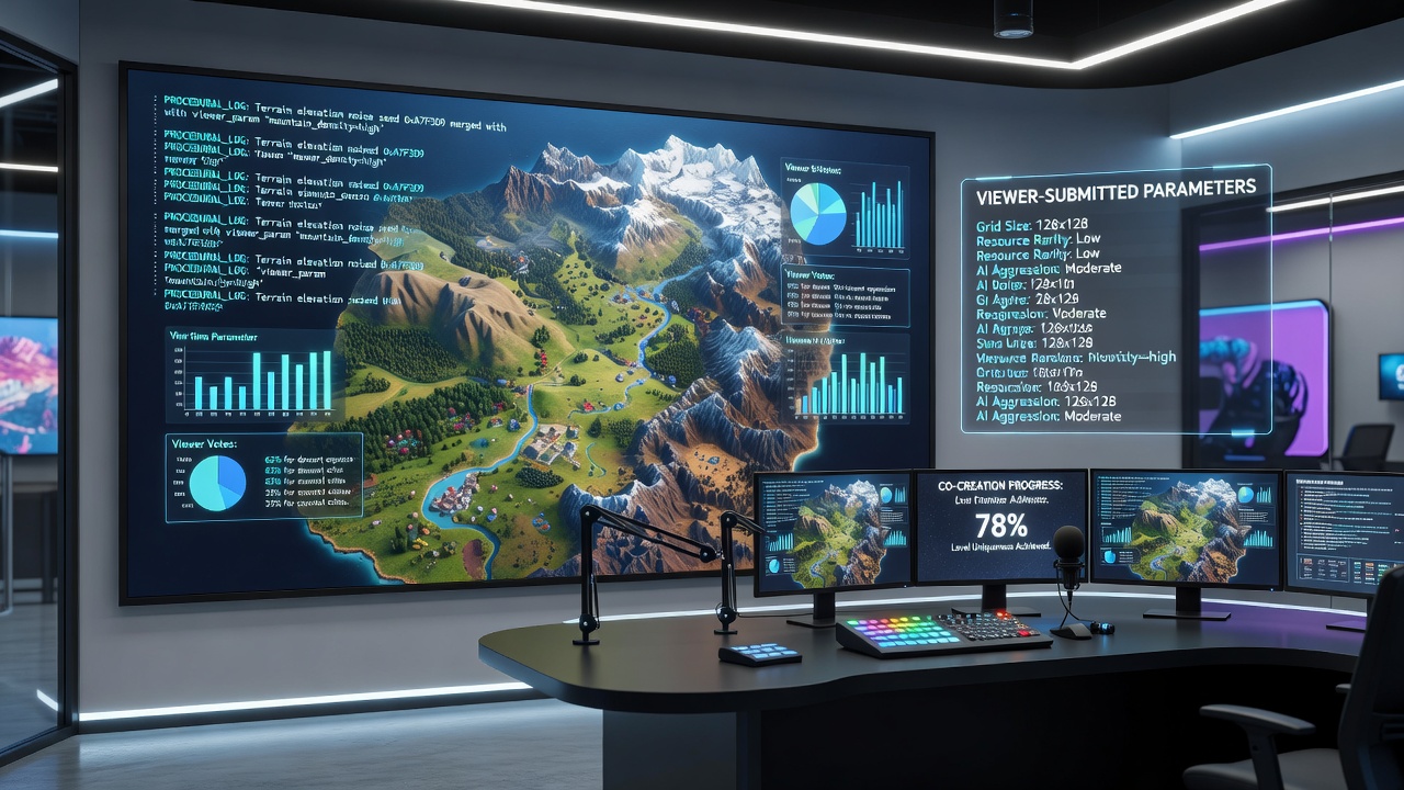 Streamers reviewing procedural generation logs alongside viewer-submitted parameters during a live strategy broadcast session