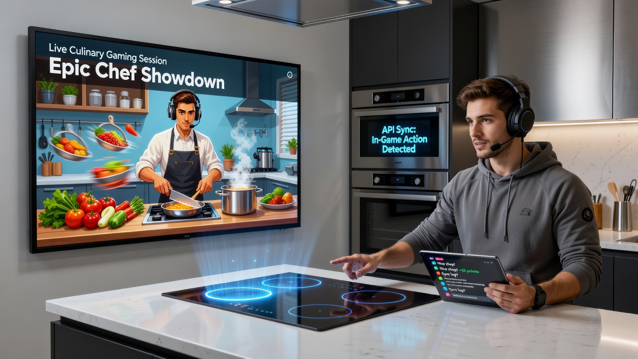 Smart kitchen appliances syncing with virtual cooking interfaces in a live gaming setup
