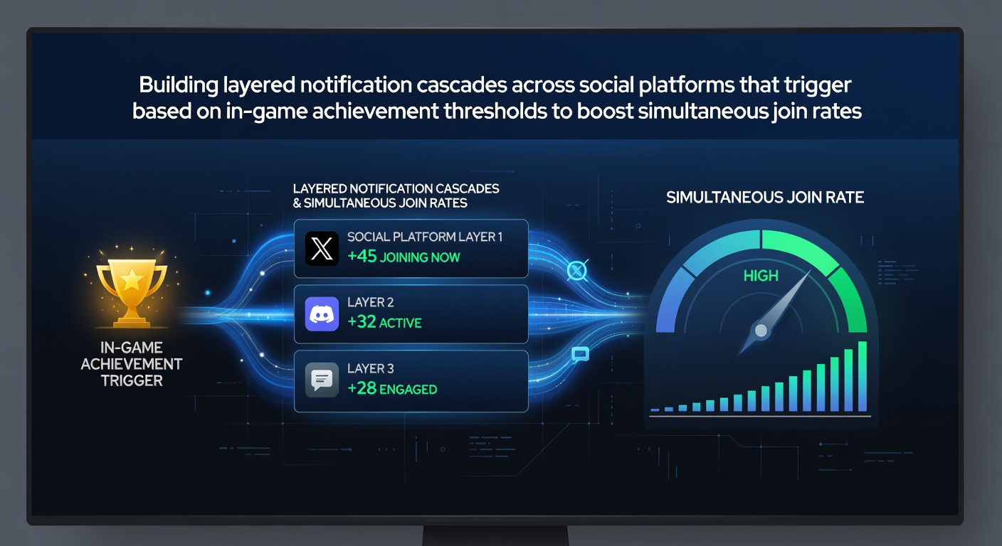 Diagram showing layered notification flows from game achievements to social platforms like Discord, Twitter, and Twitch for player coordination