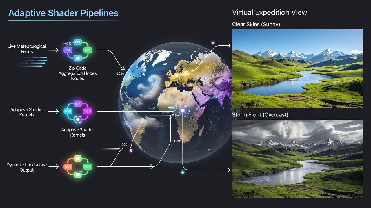 Adaptive shader pipeline diagram showing weather data integration from zip codes into virtual landscape recoloring