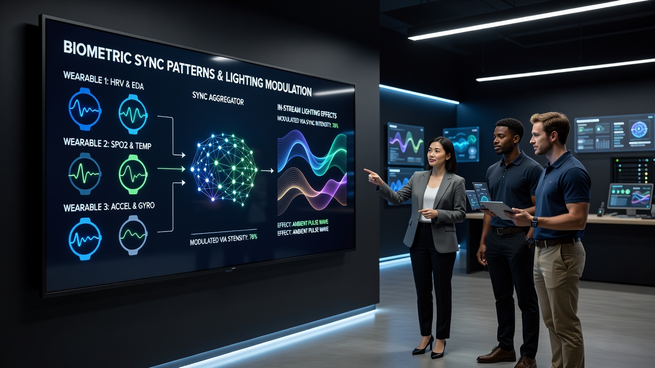 Lighting arrays responding to synchronized biometric patterns during a long-form endurance stream