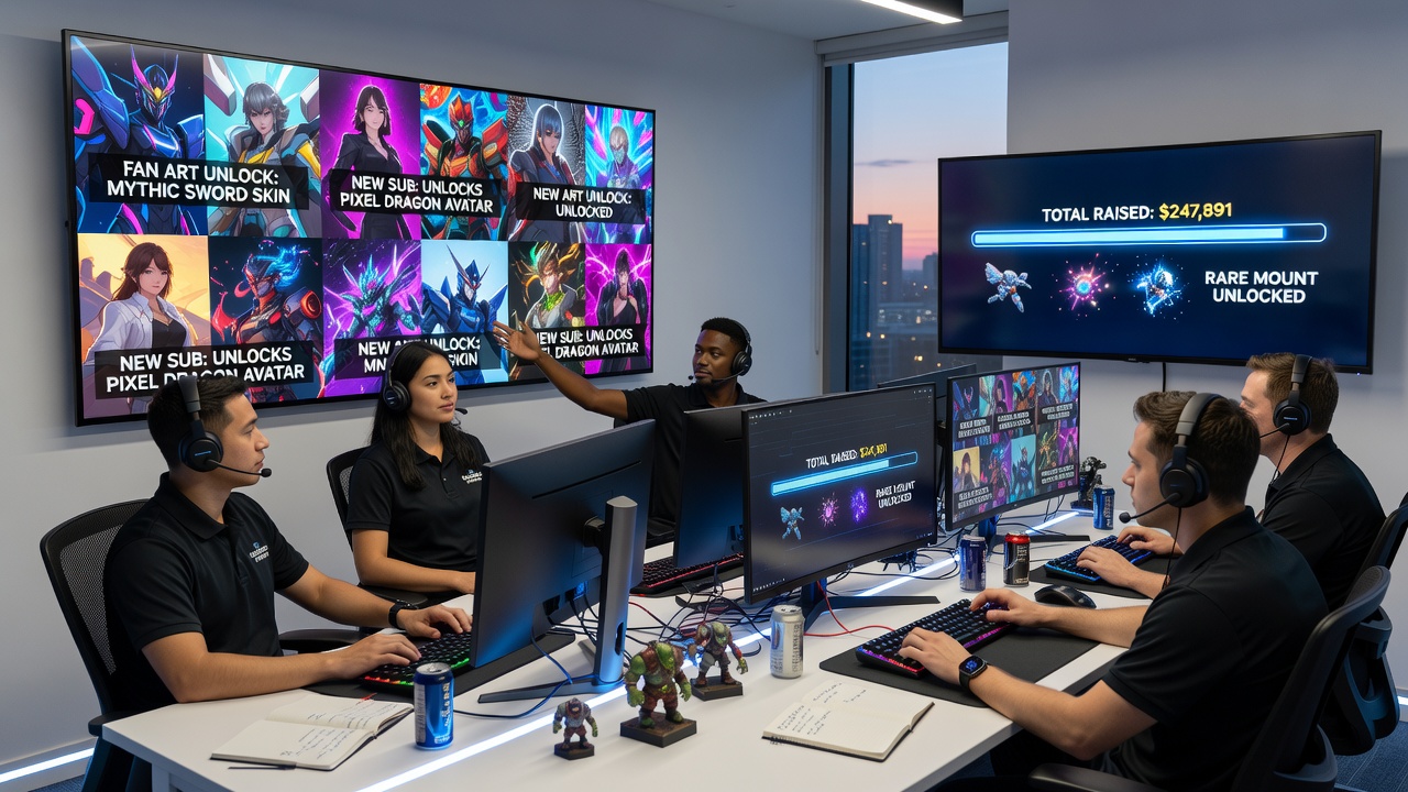 Live dashboard showing fan art submissions triggering in-game unlocks and donation metrics during a marathon broadcast