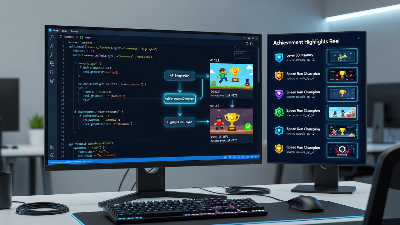 Automated workflow diagram illustrating API calls from console achievement unlocks to social media reel distribution
