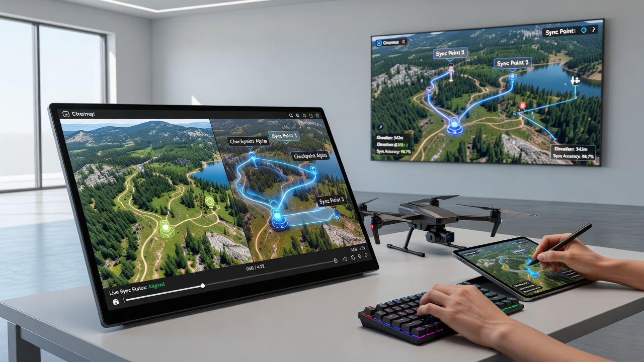 Streamer interface showing synchronized drone overlay on in-game exploration map during live broadcast