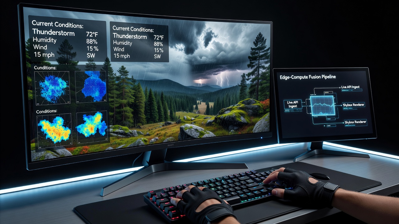 Edge computing setup overlaying real-time weather data onto a virtual skybox in an open-world survival game environment