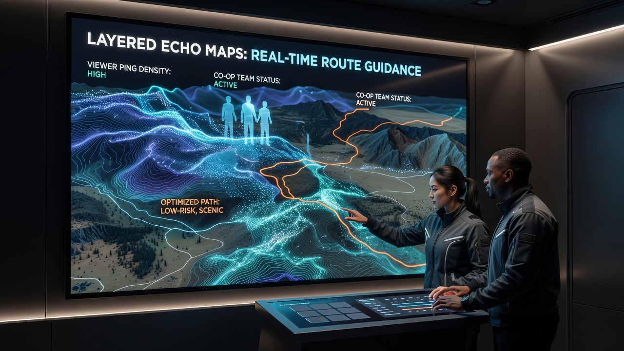 Visualization of layered echo maps generated from viewer location pings in an open-world co-op game environment