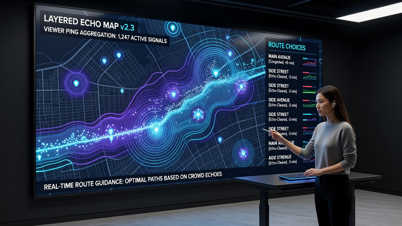 Split view showing echo map layers overlaid on a co-op expedition route with real-time ping updates