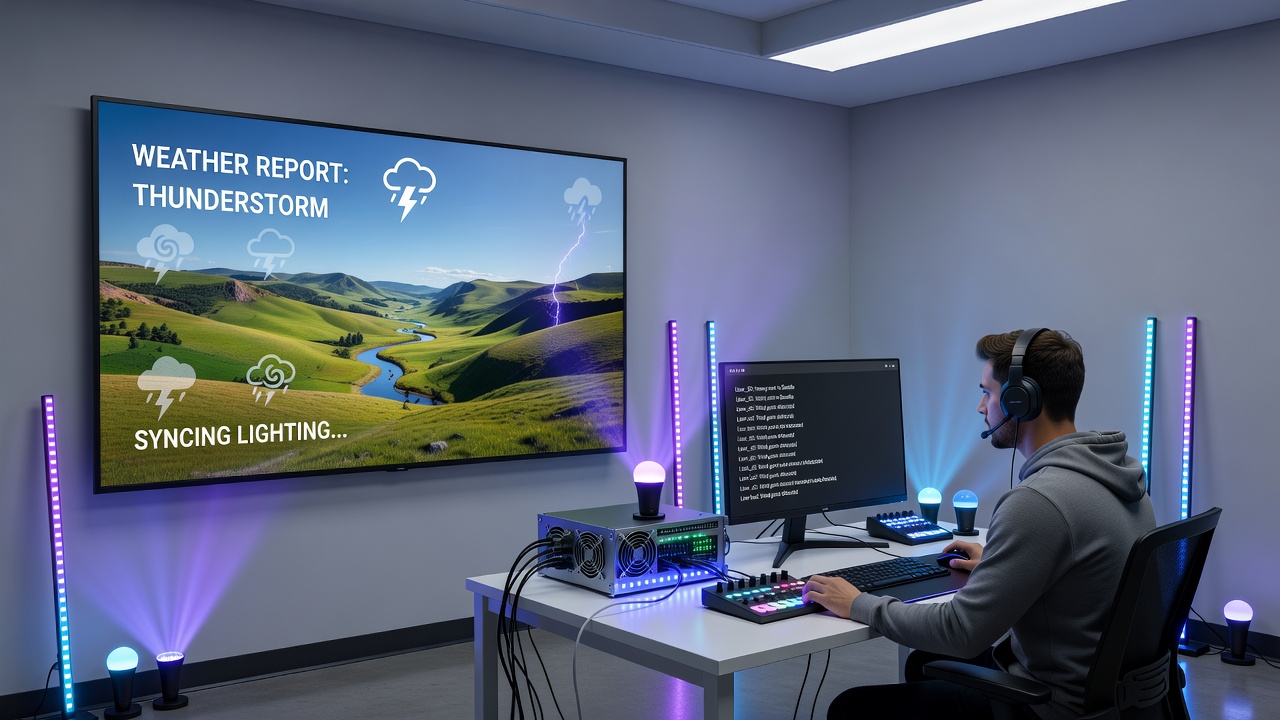 Close-up of RGB lighting array and game engine interface displaying weather-modulated track conditions