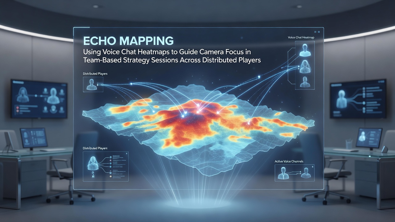 Voice chat heatmap overlay on a team strategy screen showing audio activity clusters guiding camera focus in a distributed multiplayer session