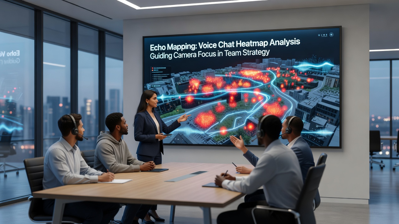 Distributed players reviewing voice heatmap data during a post-session analysis meeting with camera focus paths highlighted