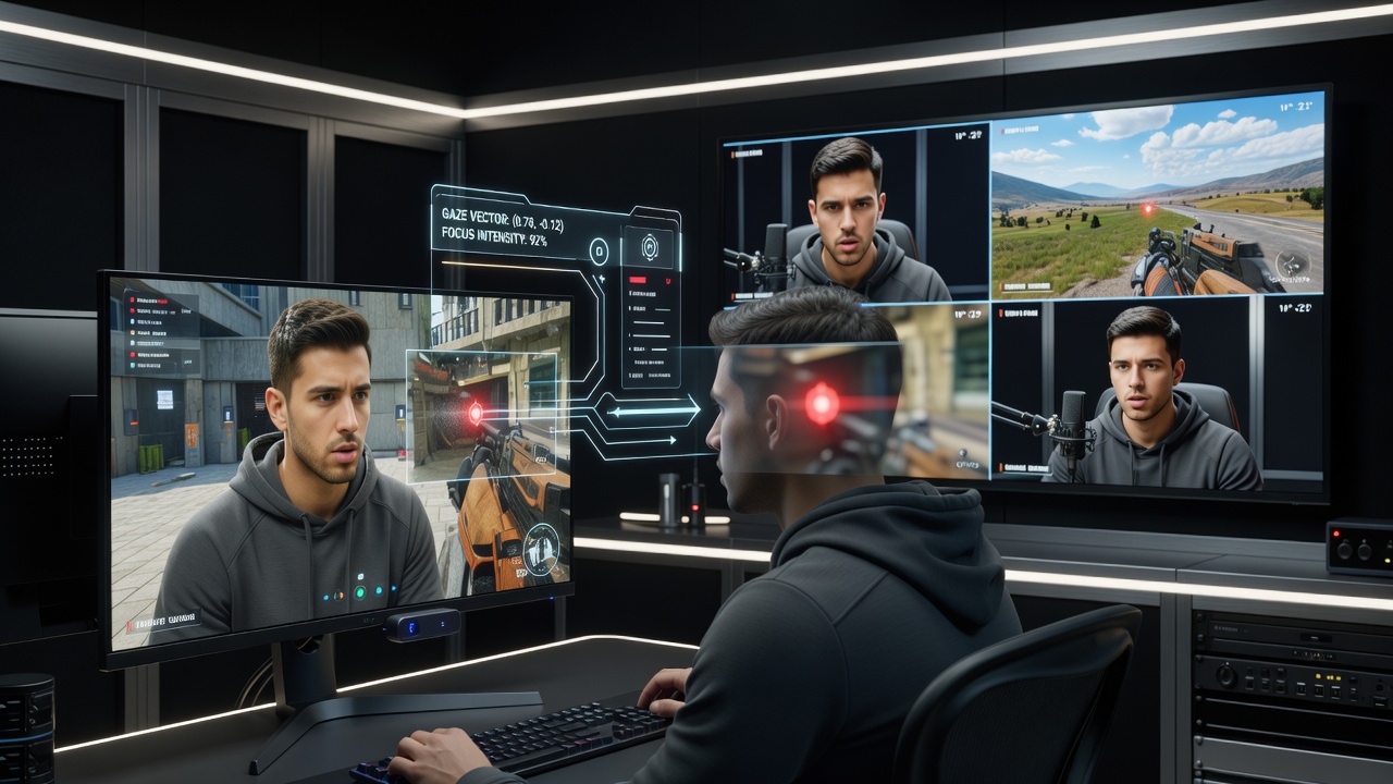 Close-up of eye-tracking hardware overlay on competitive gaming monitor with live broadcast feed