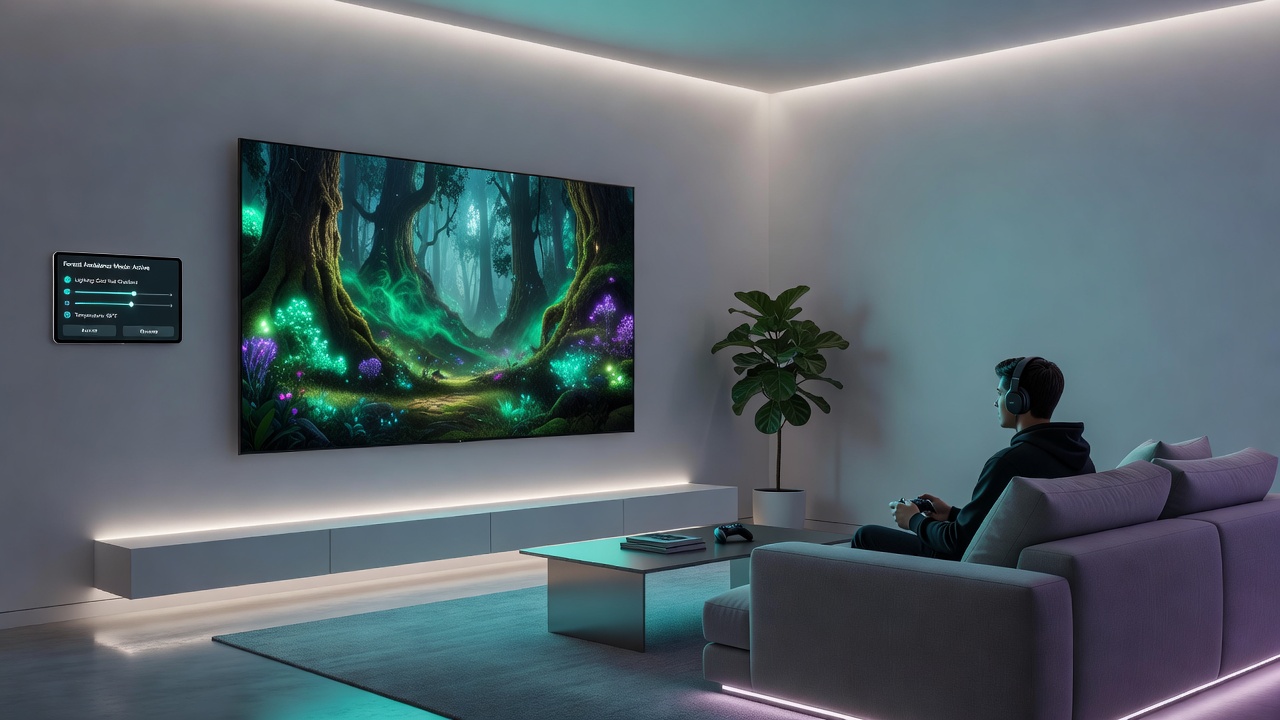Close-up of smart bulbs changing colors in sync with on-screen game environment