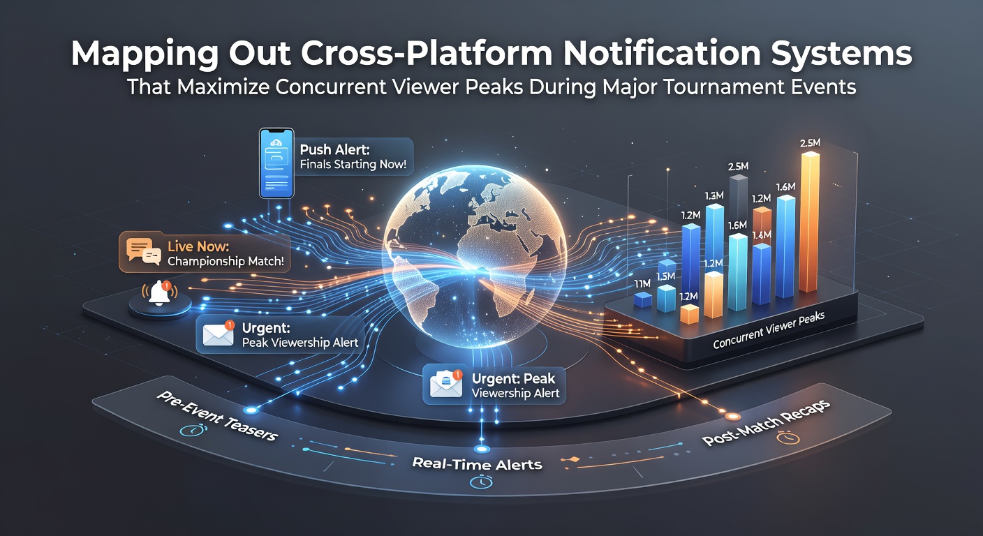 Diagram illustrating cross-platform notification flows across Twitch, YouTube, and Discord for tournament events