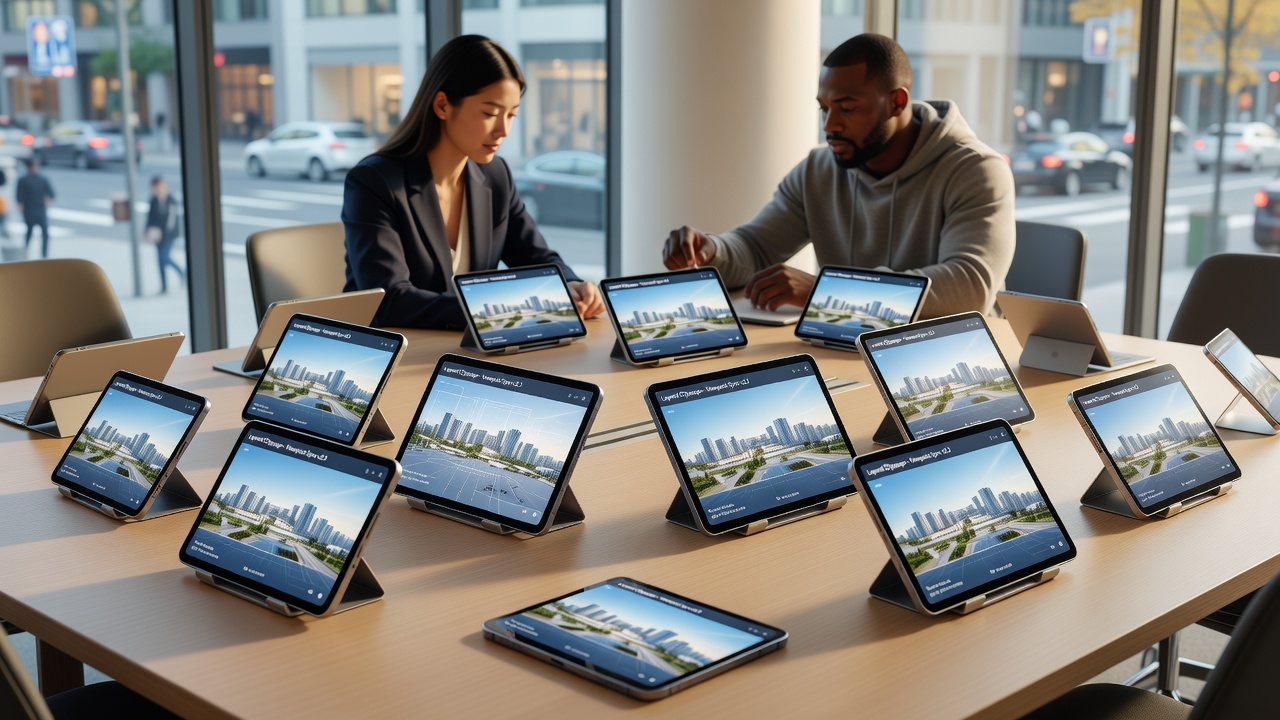 Close-up of synchronized mobile screens showing layered perspectives in a remote co-op environment