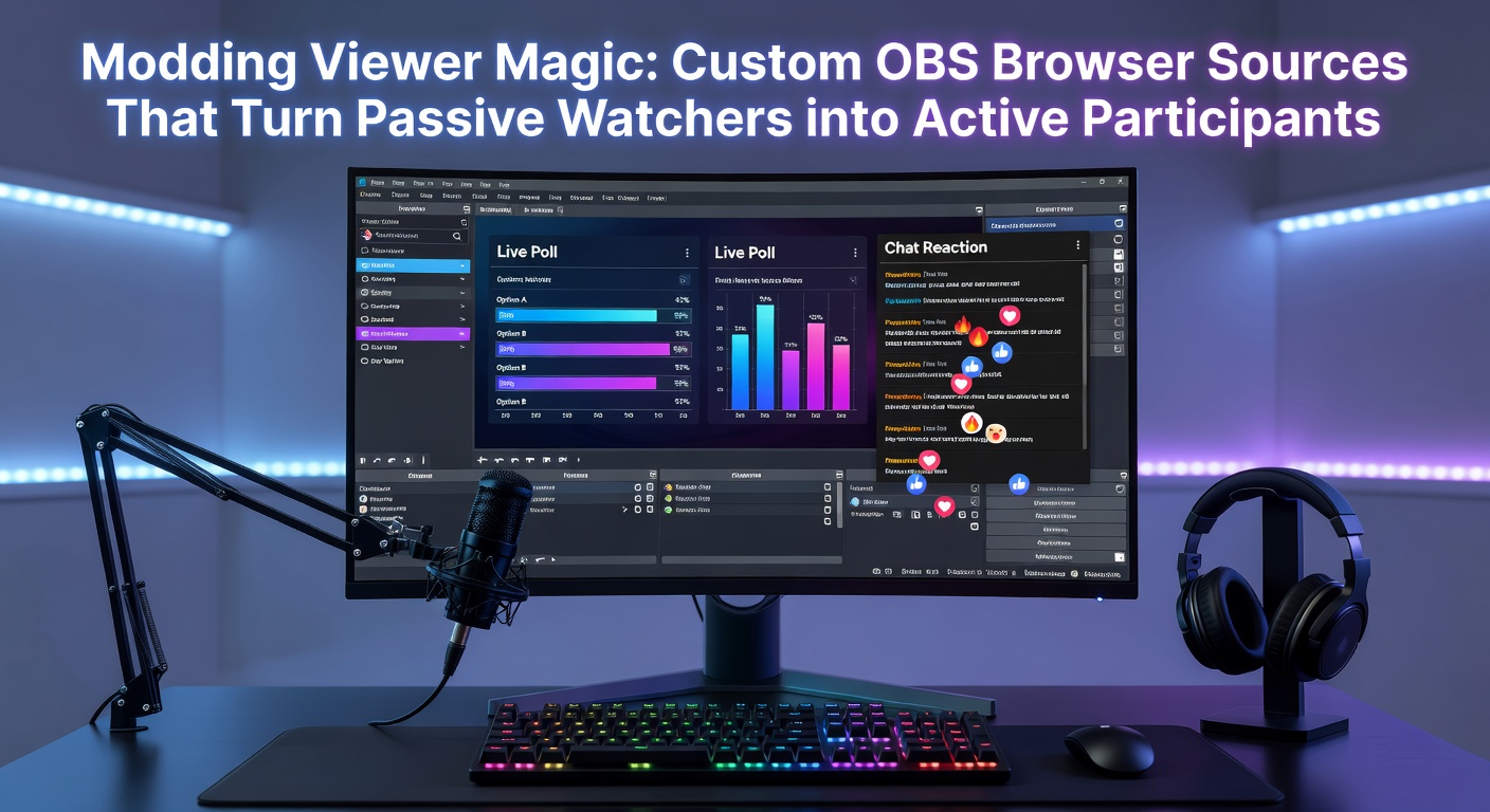 A vibrant streaming setup displaying a custom OBS browser source with interactive viewer polls and mini-games overlayed on gameplay, showing chat bubbles and participant avatars lighting up the screen