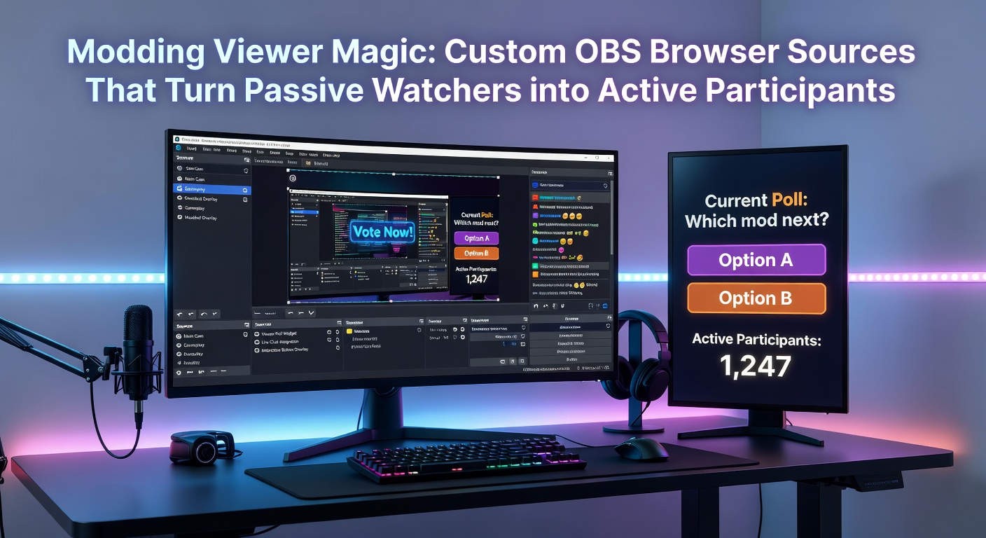 Close-up of OBS Studio interface with a custom browser source editor open, code snippets visible for a viewer-controlled wheel-of-fortune game, overlaid on a live stream preview