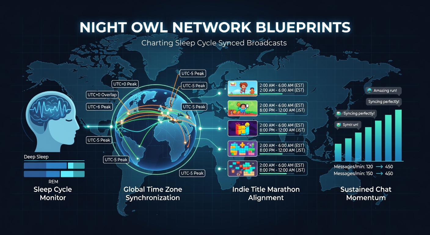 Diagram showing global time zone overlaps mapped against typical sleep cycles for coordinated indie game marathon streams