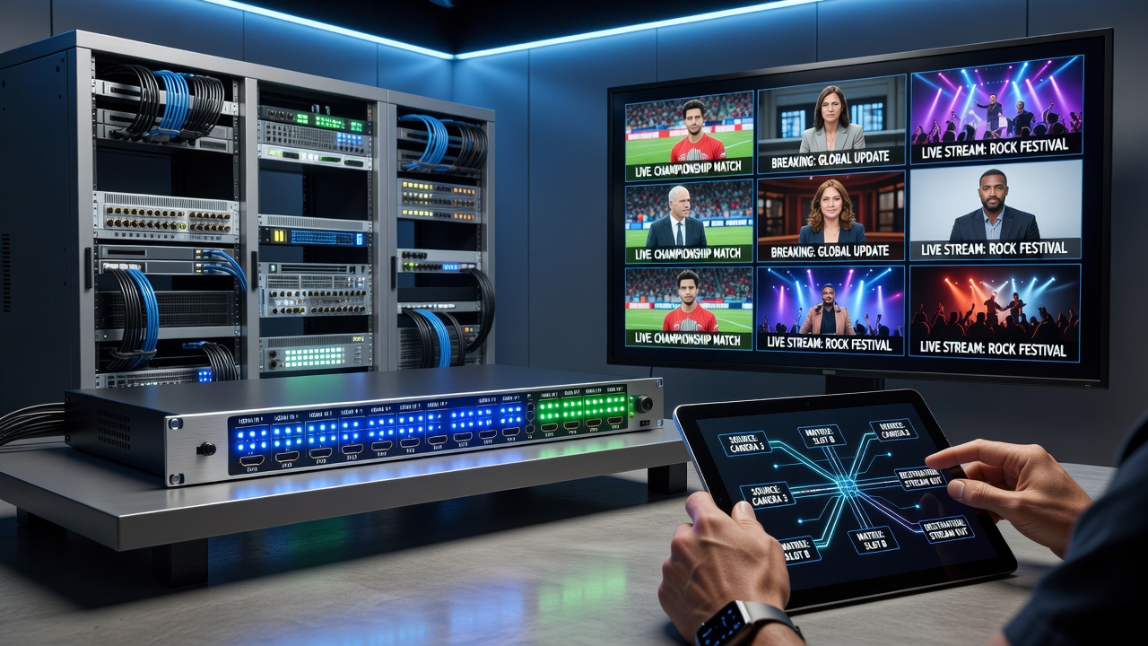 HDMI matrix switch setup with multiple input devices connected to a central routing unit for broadcast signal management