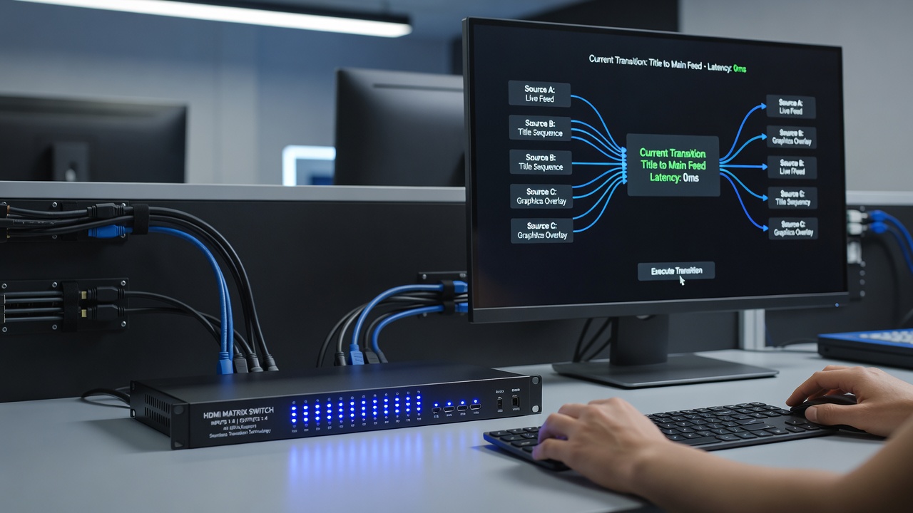 Close-up view of signal routing configuration panel showing input selection and EDID management options on an HDMI matrix device