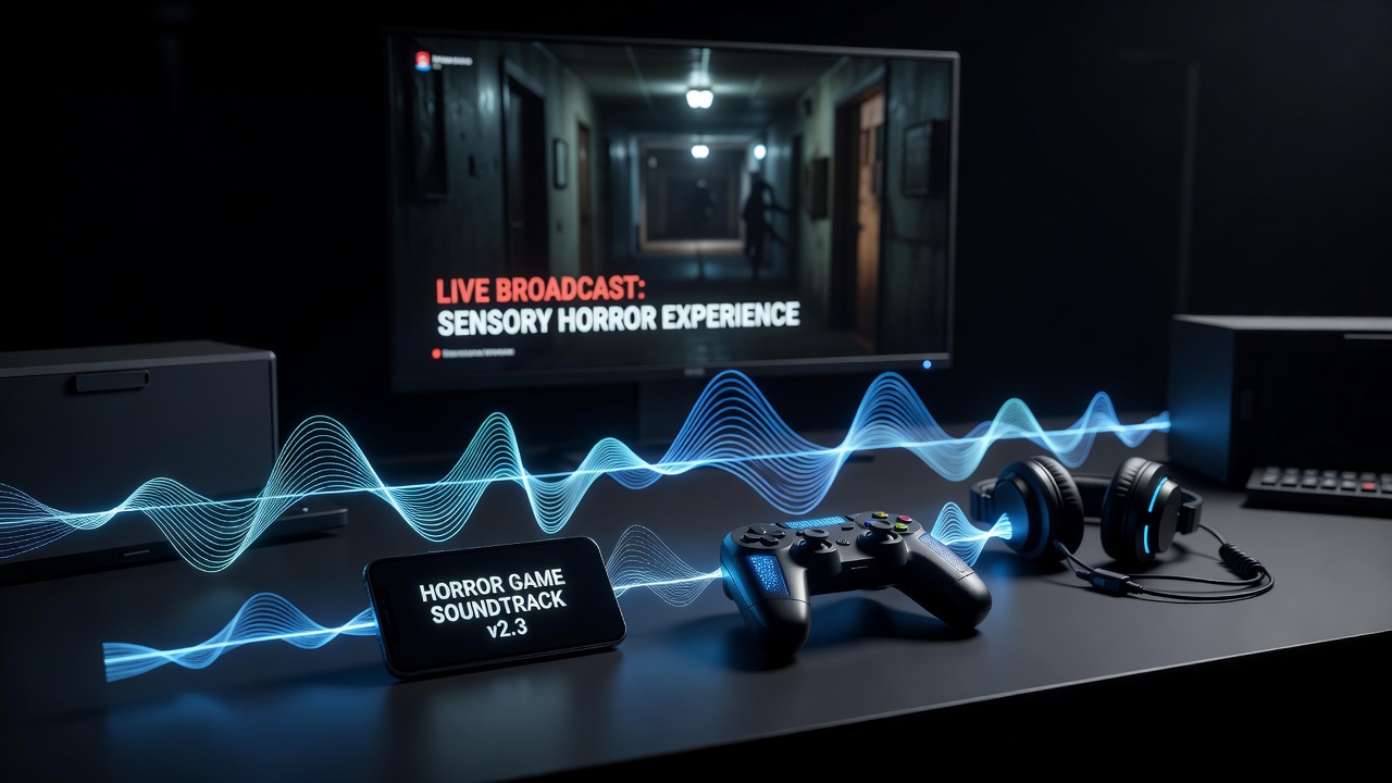 Streamer setup showing multiple devices with synchronized vibration patterns during a horror game broadcast