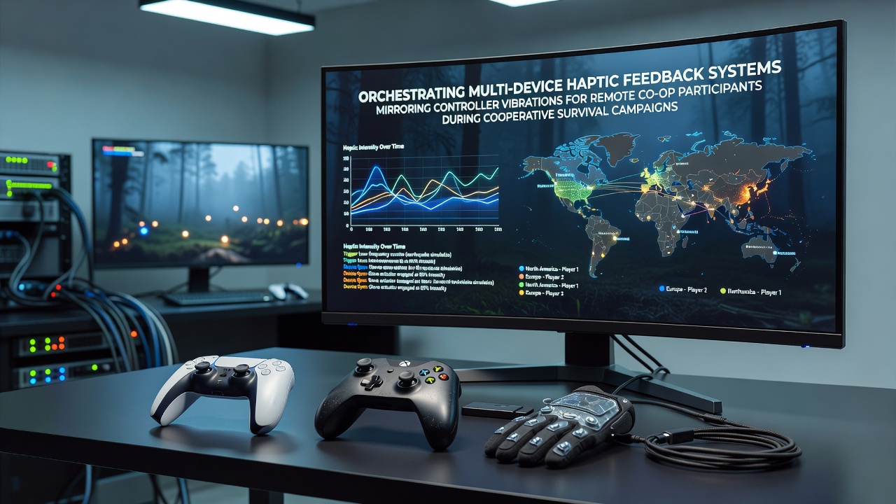 Multi-device haptic feedback setup showing synchronized controller vibrations for remote co-op players in survival campaigns