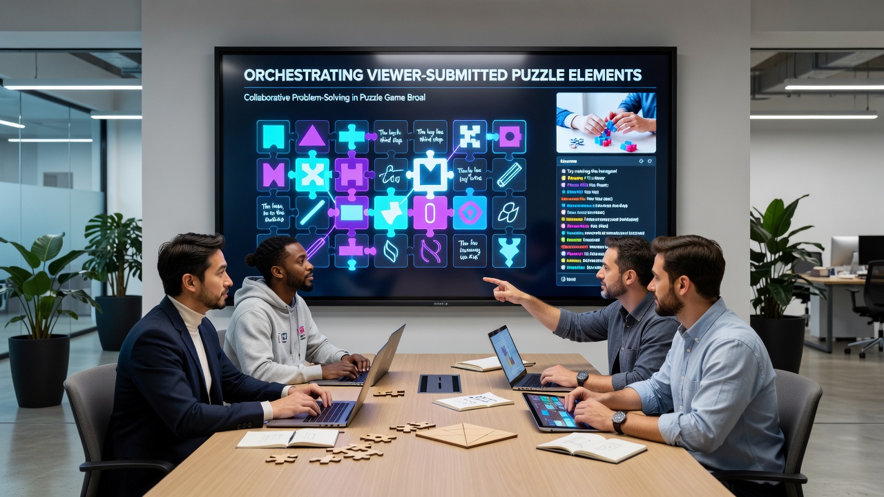 Multiple viewers collaborating on a complex puzzle design shown on stream with highlighted contributions and solution annotations
