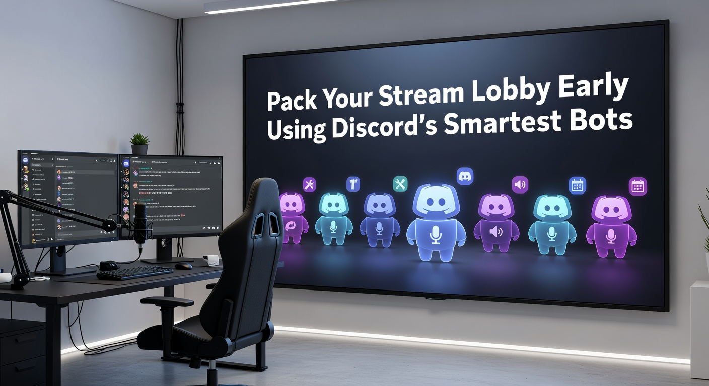 Discord server dashboard showing a bot managing a packed game lobby for an upcoming stream, with users queued and notifications active