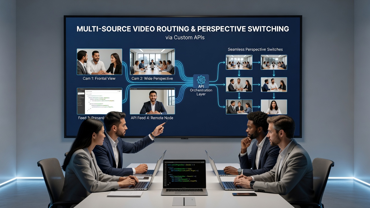 Live production interface displaying synchronized video feeds from team members with API control overlays during a competitive match