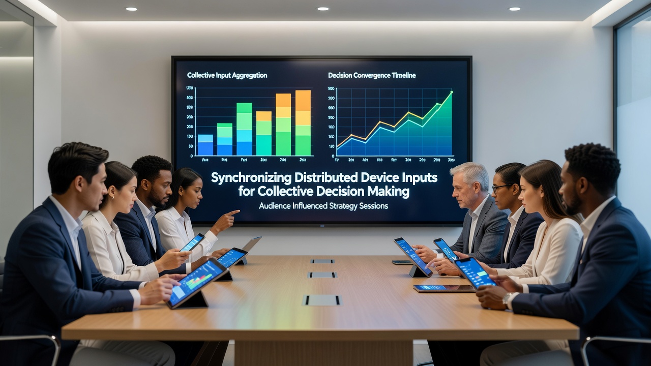 Diagram showing multiple mobile devices connecting to a central strategy session server with input synchronization layers