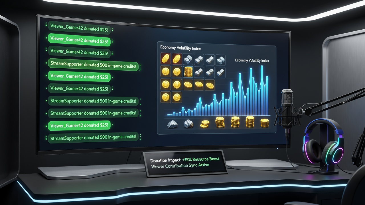 Split-screen view of chat activity spikes aligned with in-game market shifts triggered by synchronized donations during a live session