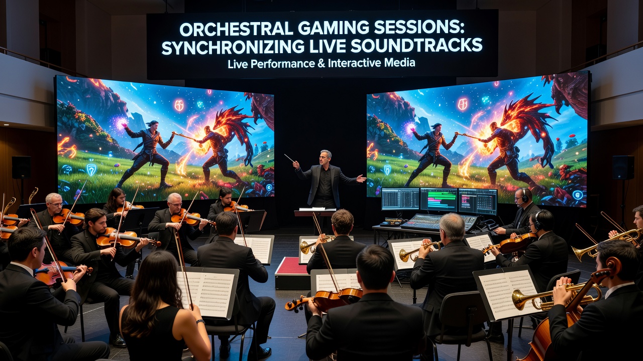 Close-up view of musicians reading digital scores while a conductor directs timing adjustments during a game soundtrack performance