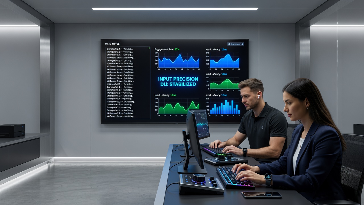 Dashboard showing audience metrics aligned with peripheral firmware status in a speedrun control room