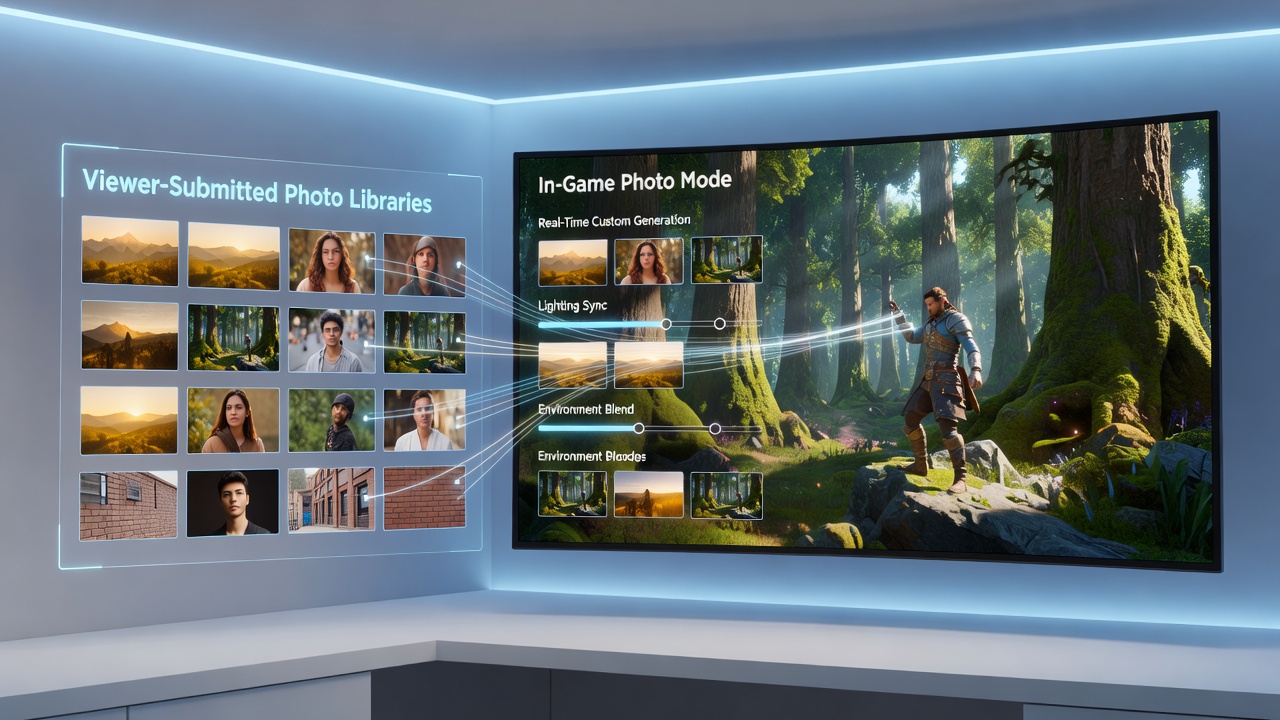 Custom billboards displaying viewer photos along a virtual racetrack in an open-world environment