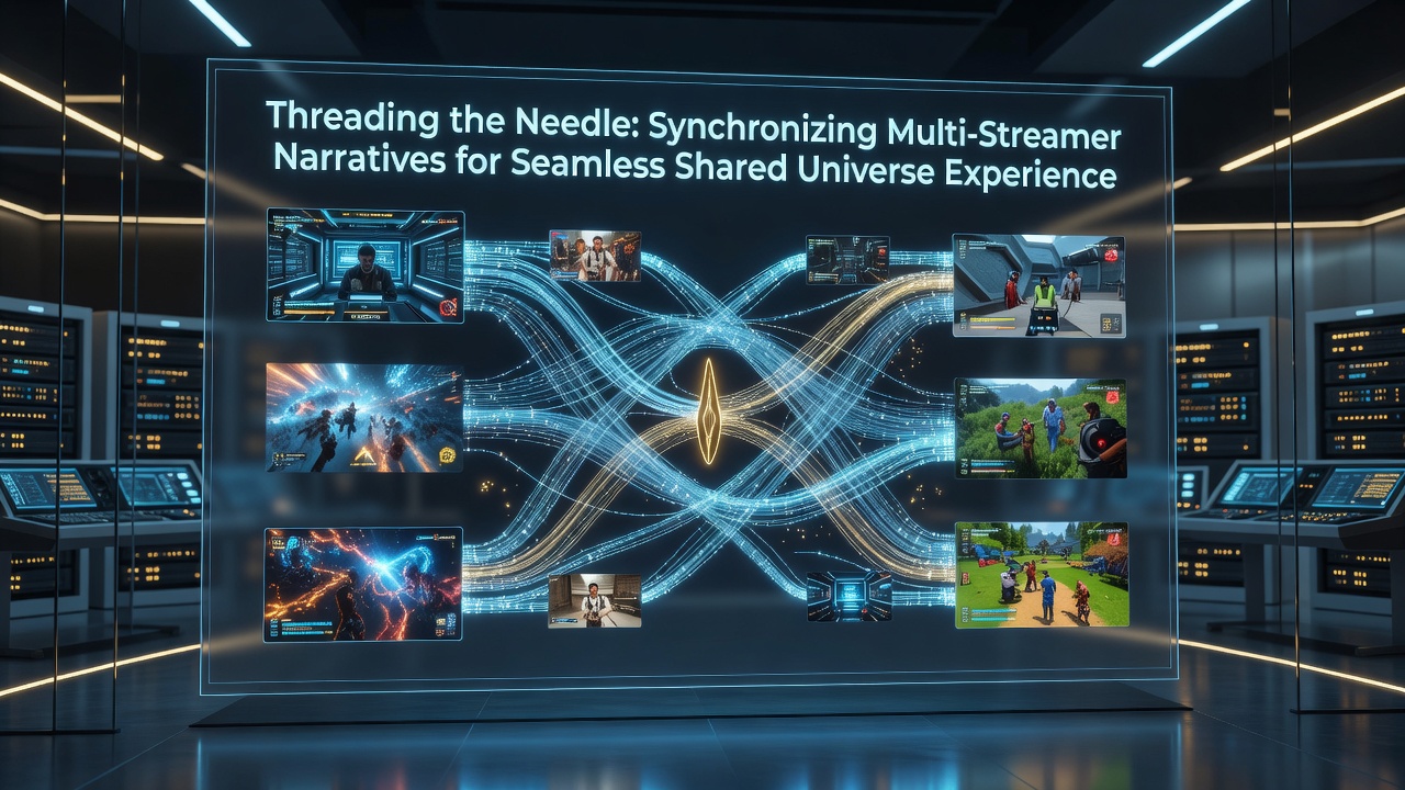 Streamers collaborating in a shared virtual environment with overlaid narrative timelines