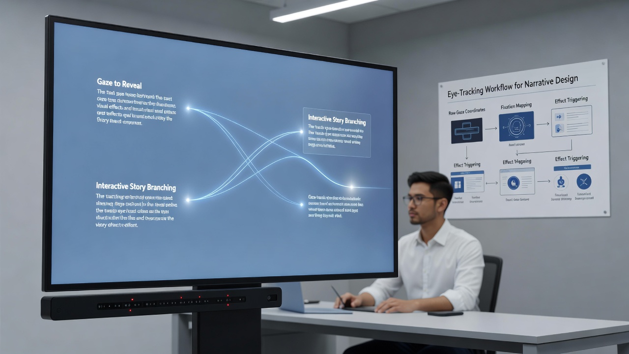 Close-up of eye-tracking setup showing gaze heatmaps overlaid on a narrative game scene during a live stream