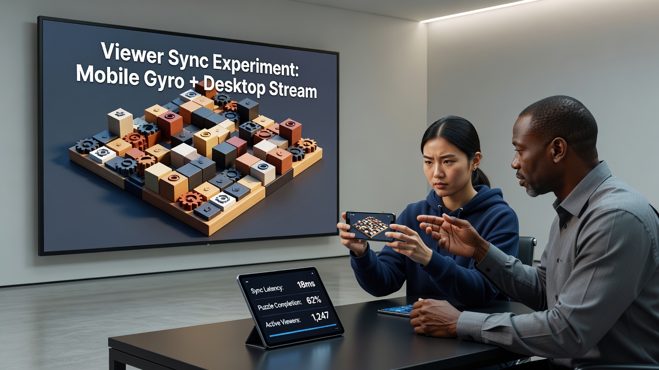 Split view showing a streamer desktop with puzzle game alongside multiple mobile gyro input visualizations