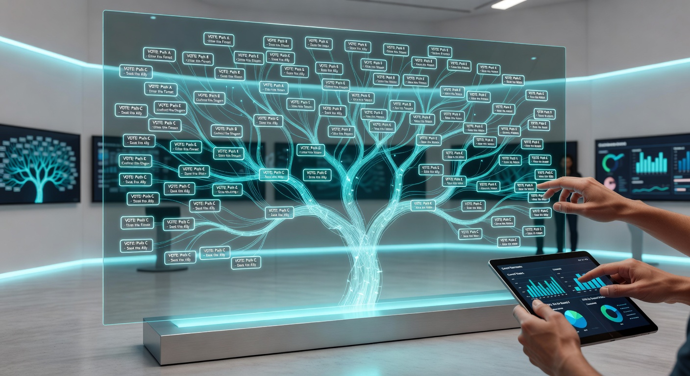 Stream interface displaying real-time viewer vote options overlaid on a branching narrative game scene with multiple choice paths highlighted