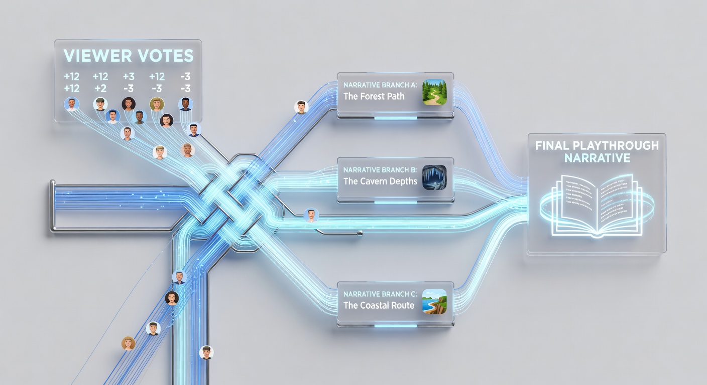 Group of viewers participating in an interactive stream with vote tallies updating on screen and narrative map visible in corner overlay